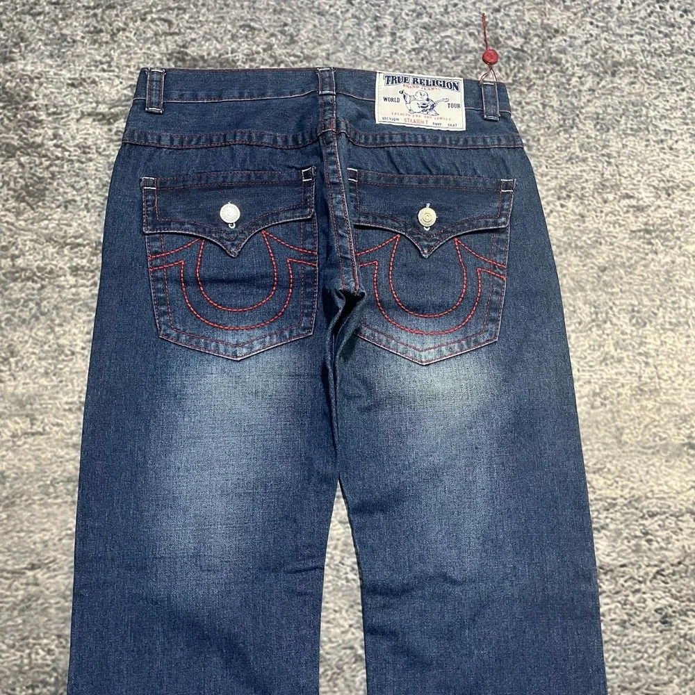 True Religion Straight Jeans Mens 38x34 Blue Red Stitched Logo‎ Flap Pockets Y2K